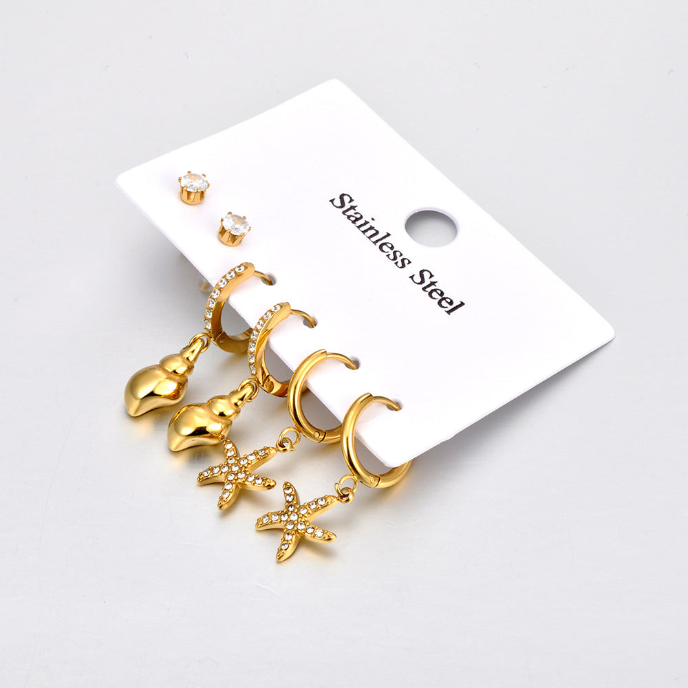 Earstack Goud – Zeester, Zirkonia & Schelp