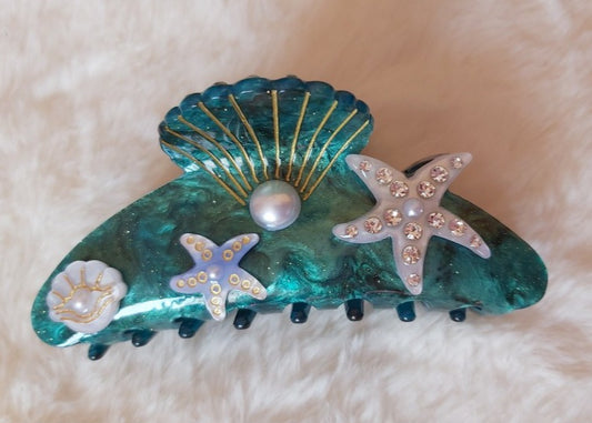 Blauwe Haarklip met Schelpen & Zeesterren – Beachy Vibes