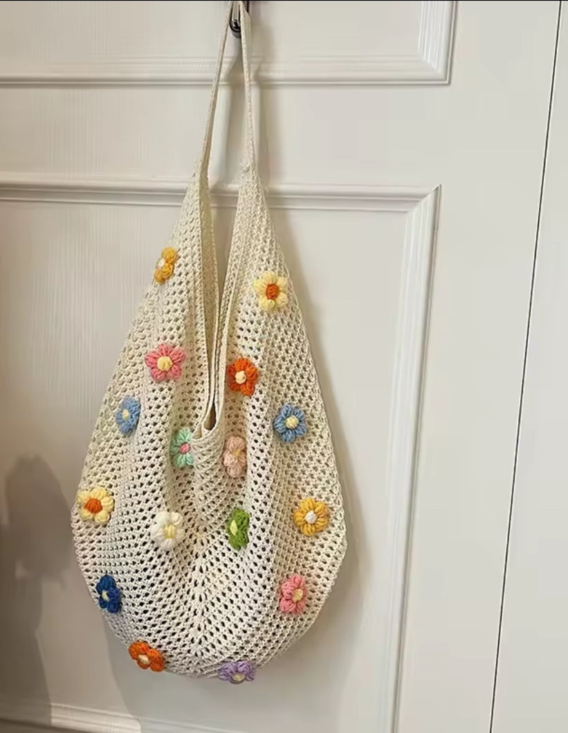 Gehaakte Strandtas – Beige met Bloemen